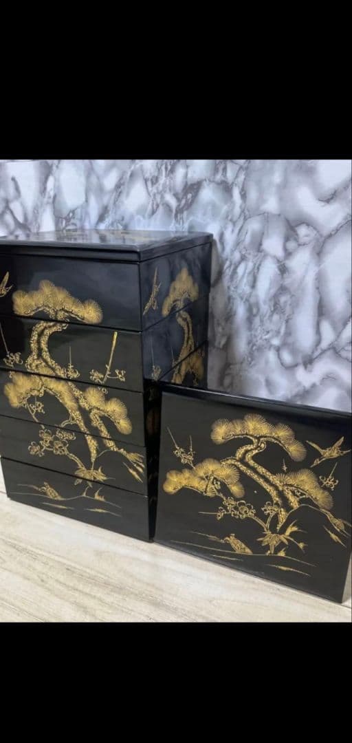 美術品アンティークコレクション 工芸品 輪島塗重箱五段重 重箱 沈金蒔絵 木箱入