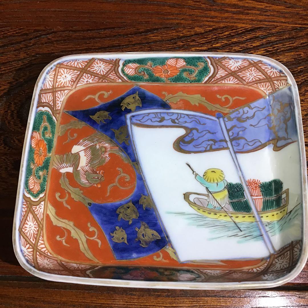 古伊万里　色絵角皿　櫛高台　江戸期　5客　完品