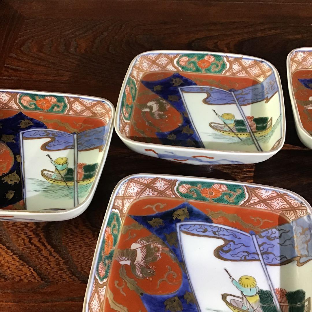古伊万里　色絵角皿　櫛高台　江戸期　5客　完品