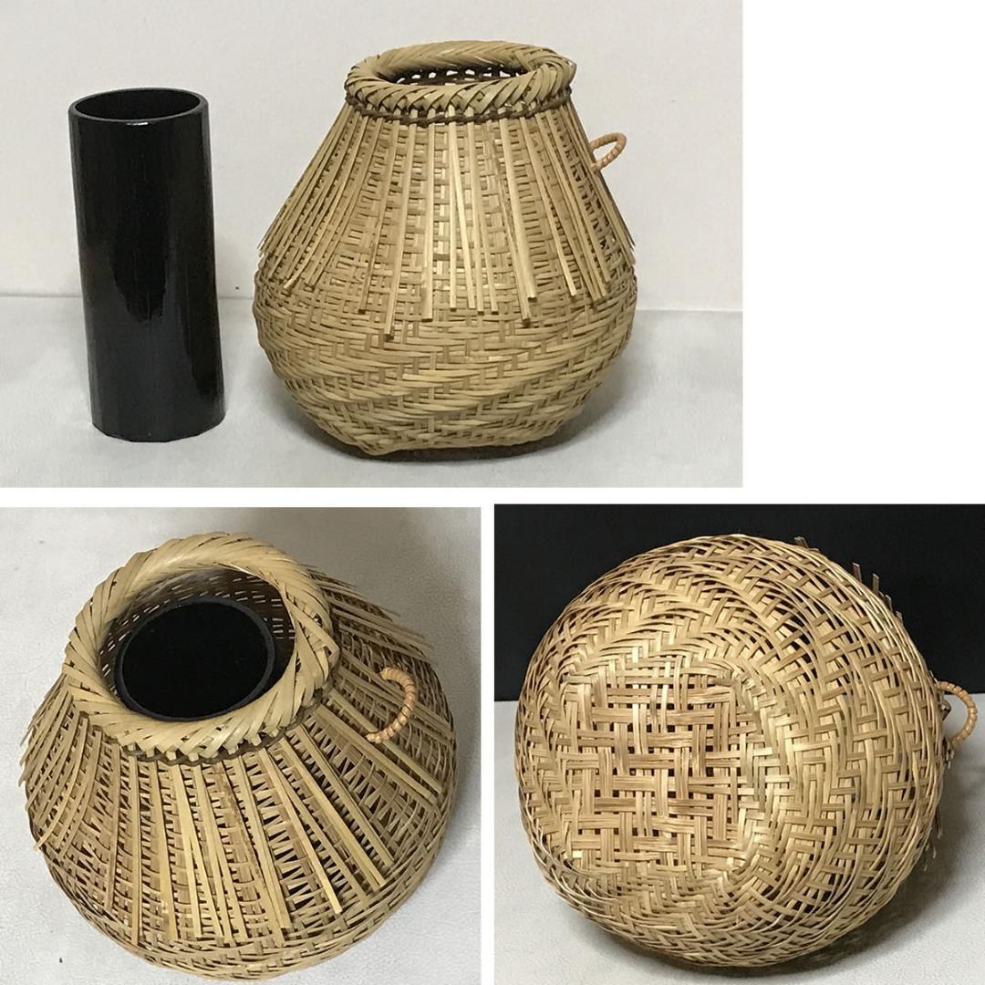 平安 粟田元笠 利休好 桂篭 共箱 竹花入 掛花入 花籠 桂籠 粟田元竺 茶道具
