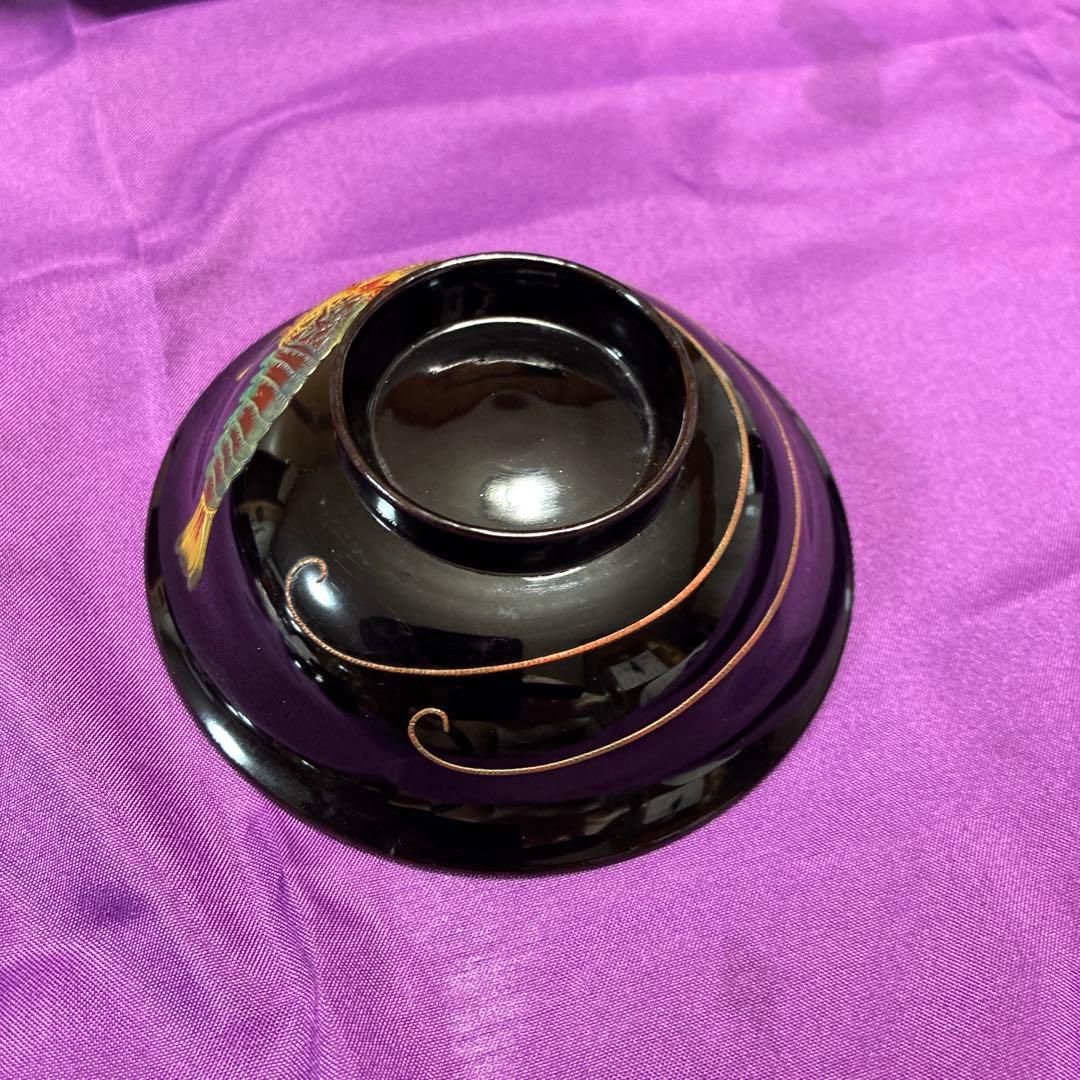 琉球漆器　5個セット（エビの模様） 黒碗　お祝い　お正月　雑煮　吸い物碗　蓋付き
