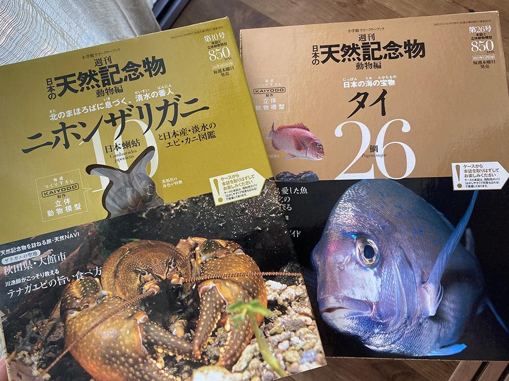 日本の天然記念物「魚・甲殻類セット6冊」フィギュア付き　ニホンザリガニ タイ他