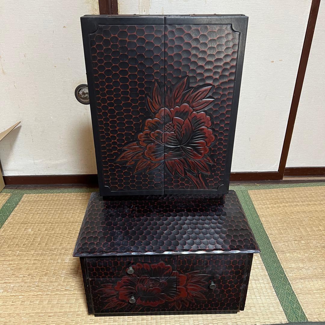 【希少】 鎌倉彫 手彫り 座鏡 三面鏡 和風ドレッサー 国産 高級古民家家具
