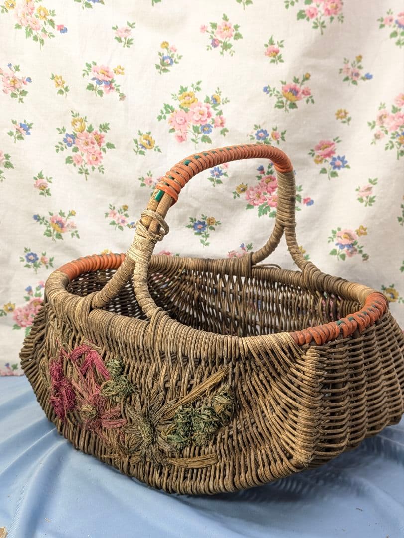 イギリス アンティーク ハンドメイド バスケット 花柄