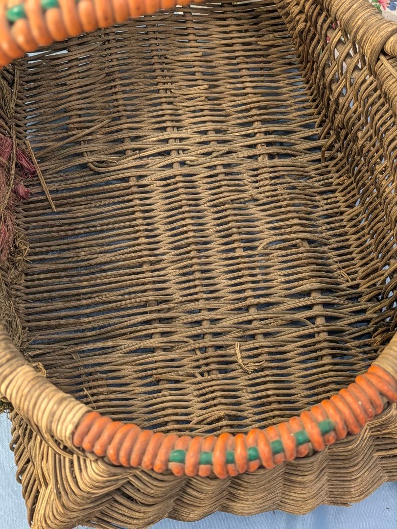 イギリス アンティーク ハンドメイド バスケット 花柄