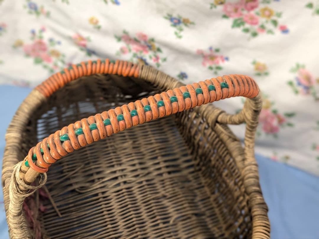 イギリス アンティーク ハンドメイド バスケット 花柄