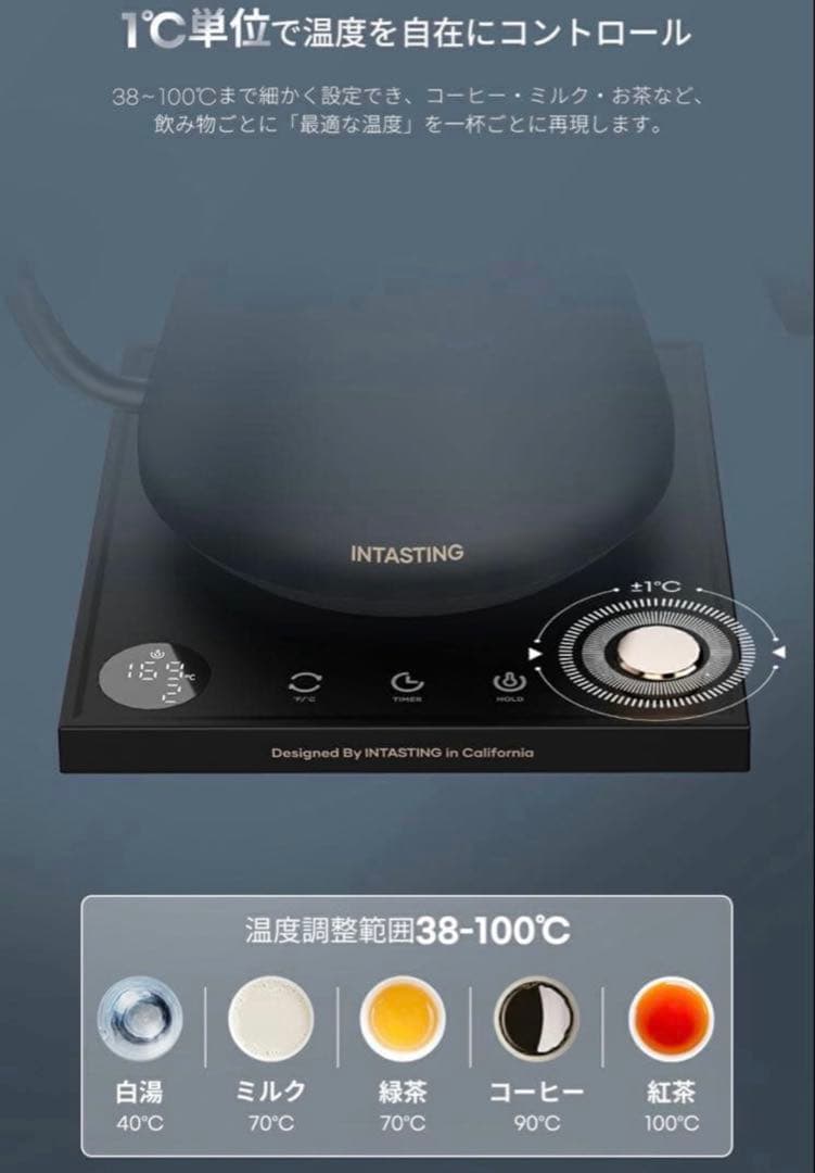 INTASTING 電気ケトル コーヒーケトル　900ml ブラック　温度調整