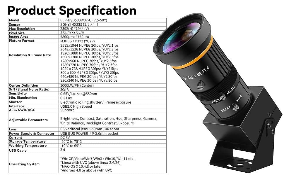 ELP 5MP USBカメラ 10倍ズーム 5-50mm