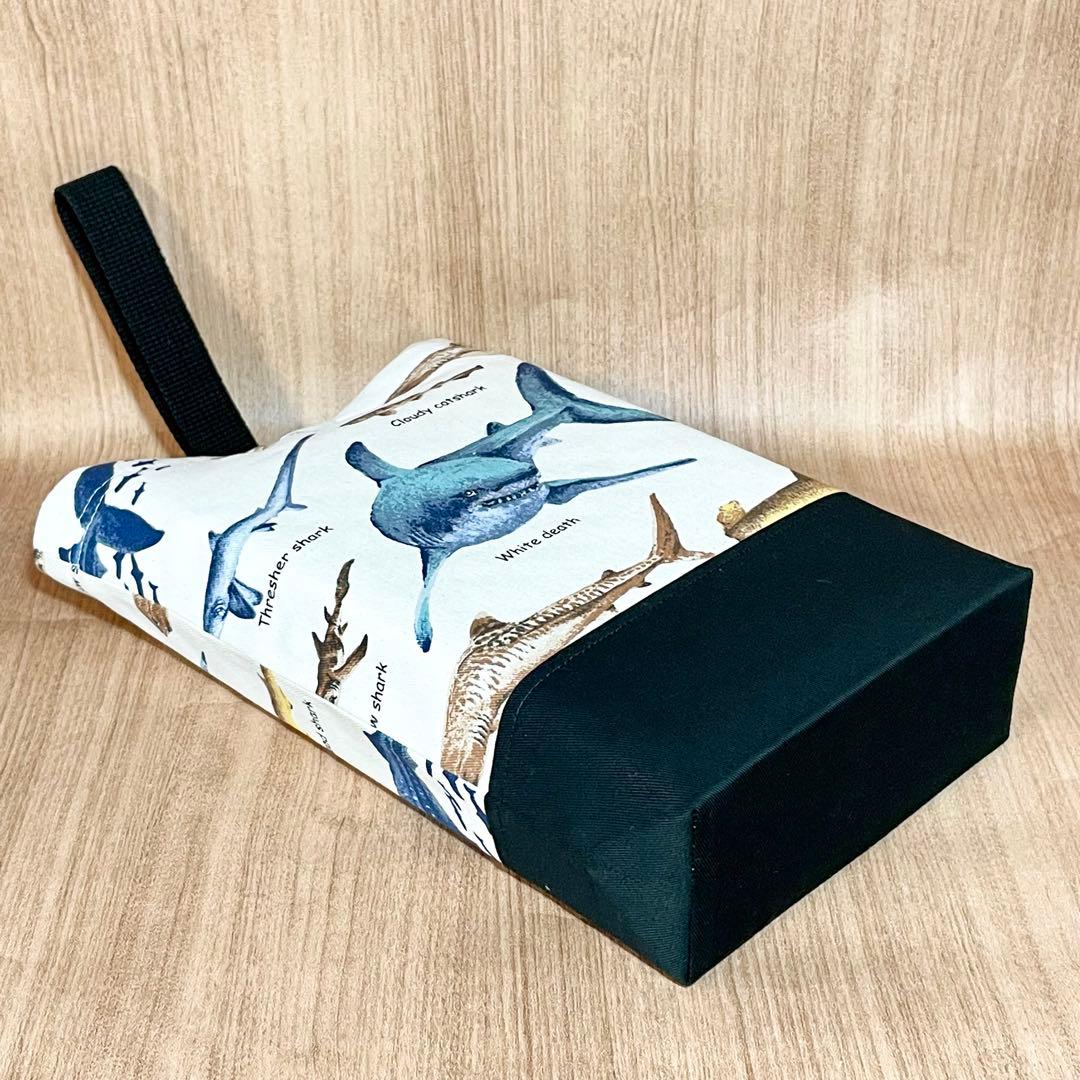 サメ図鑑(生成り)×黒　入園入学グッズ5点セット/裏地キルティング