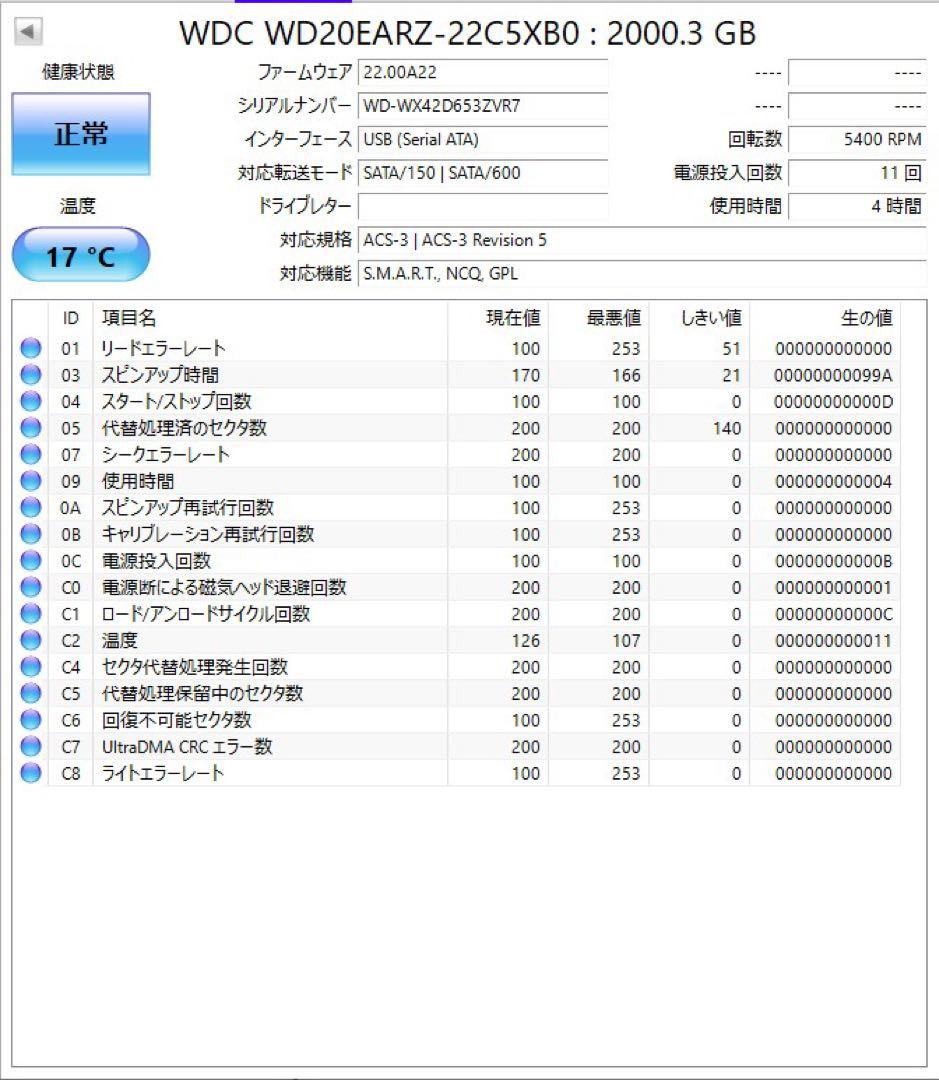 使用4時間2TB★WD20EARZ★WesternDigitalWD Blue