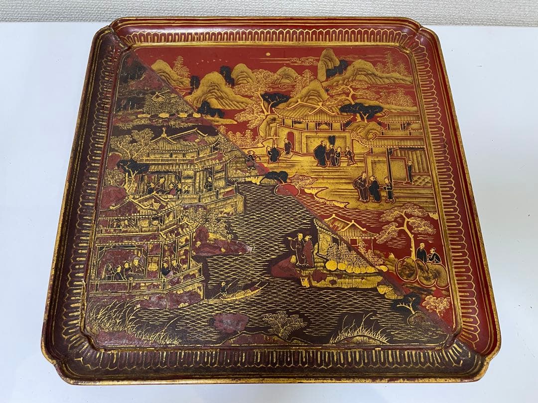 【現状品】漆器 金彩 盆 膳 脚付 風景盆 アンティーク レトロ 希少 3枚