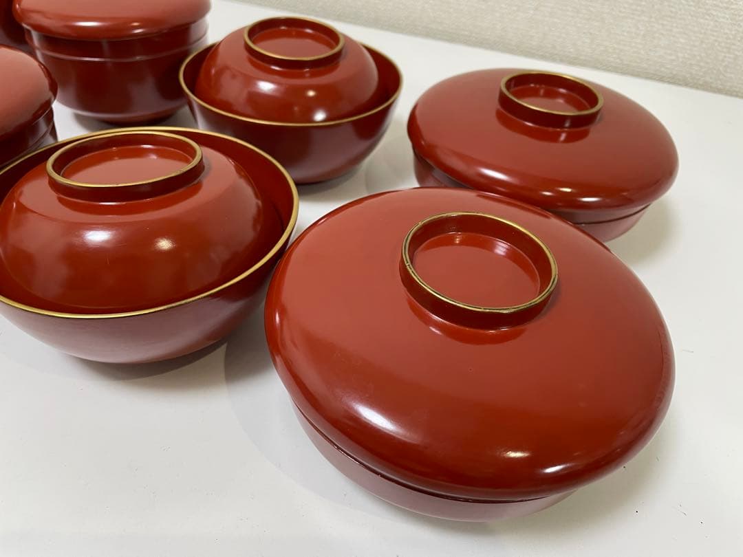 【現状品】漆器 蓋付き椀 宗和膳 金彩 朱塗 10個セット 割烹 安政 時代物①