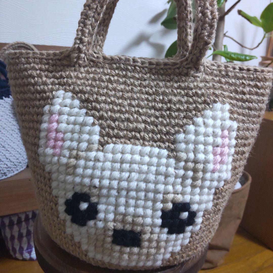 ハンドメイド　ニットバック　麻紐バック