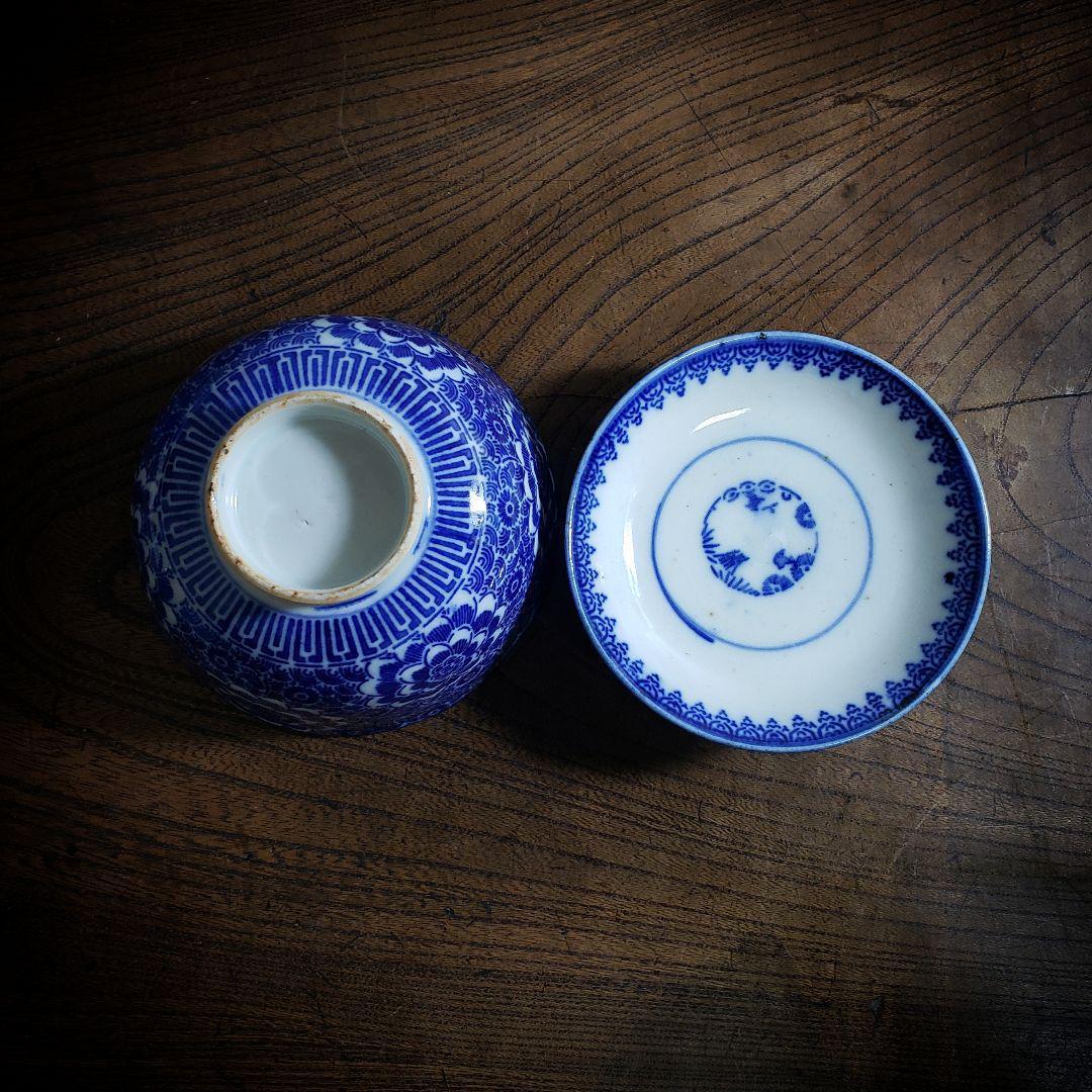 染付 印判 蓋物 茶碗 明治 大正 牡丹 花文様 松竹梅 ベロ藍