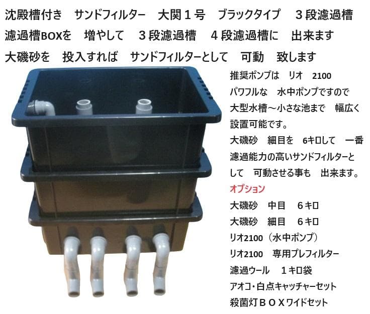大型ケース 池用 沈殿槽付き サンドフィルター ５段濾過槽 ブラックタイプ