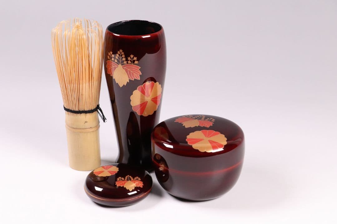 MA268 茶道具 輪島塗 高台寺蒔絵 溜塗 茶箱 共箱 棗 香合 桐 菊