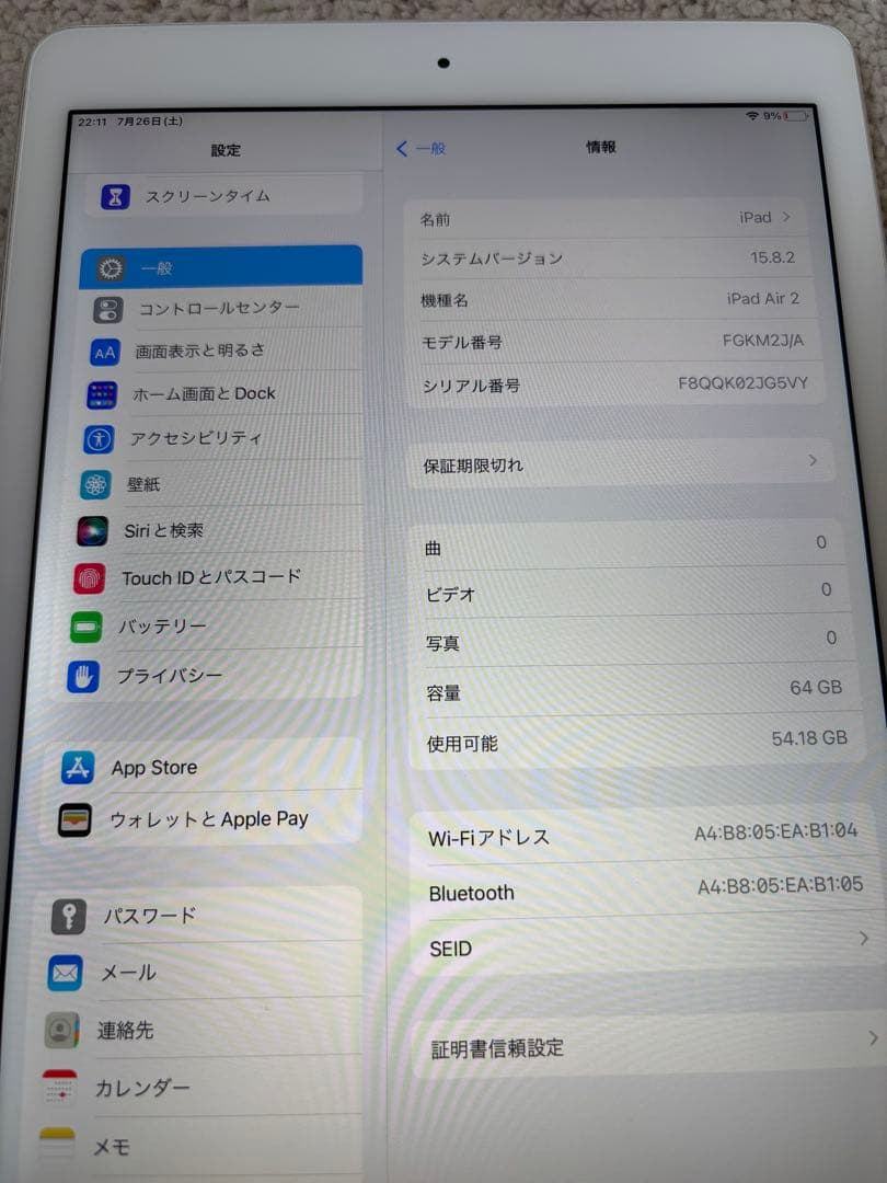 iPad本体 iPad Air2 A1566 64GB