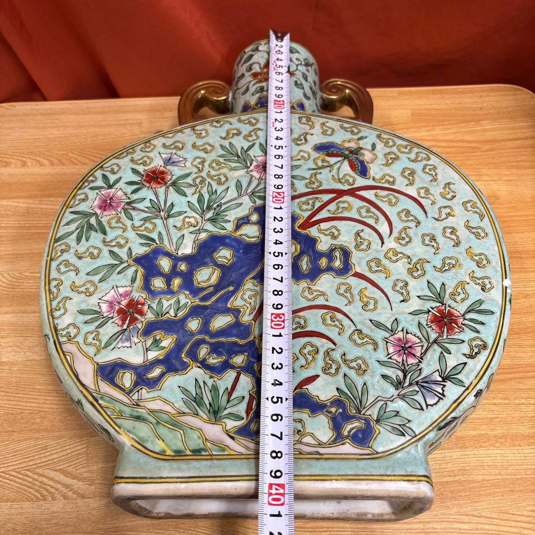 中国美術 大清同治年製 粉彩 双耳 花蝶図 扁壺 花瓶