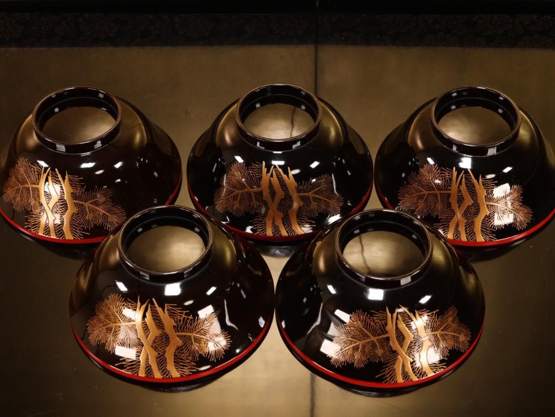 BK509　時代輪島塗　松鶴蒔絵　吸物椀　五客　木製　茶道具 懐石 菓子