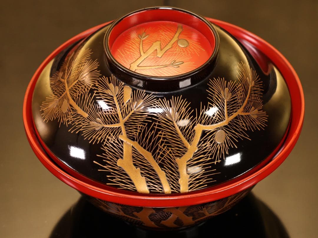 BK509　時代輪島塗　松鶴蒔絵　吸物椀　五客　木製　茶道具 懐石 菓子