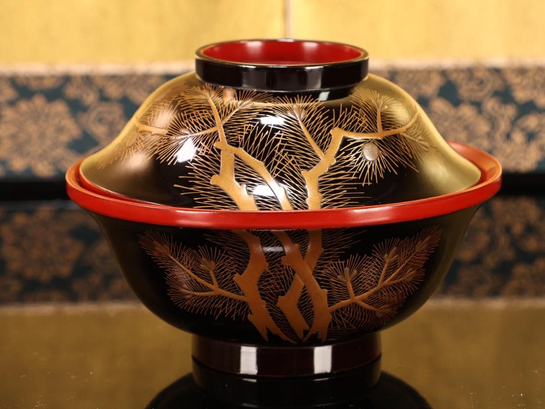 BK509　時代輪島塗　松鶴蒔絵　吸物椀　五客　木製　茶道具 懐石 菓子