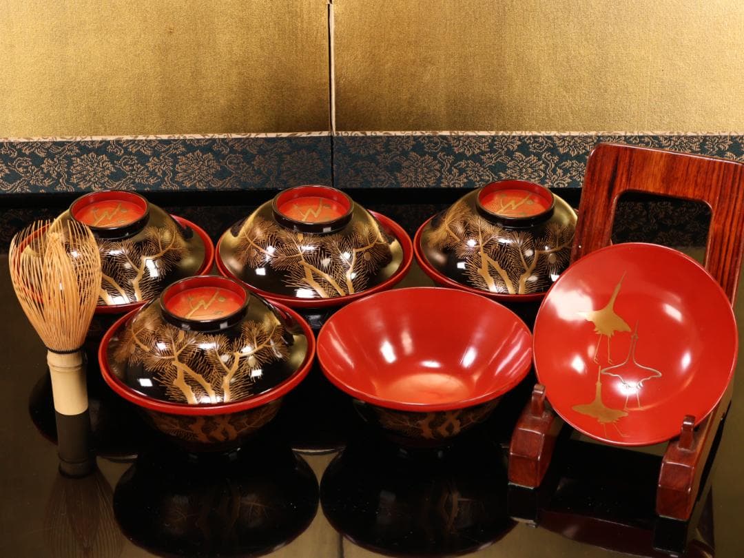 BK509　時代輪島塗　松鶴蒔絵　吸物椀　五客　木製　茶道具 懐石 菓子