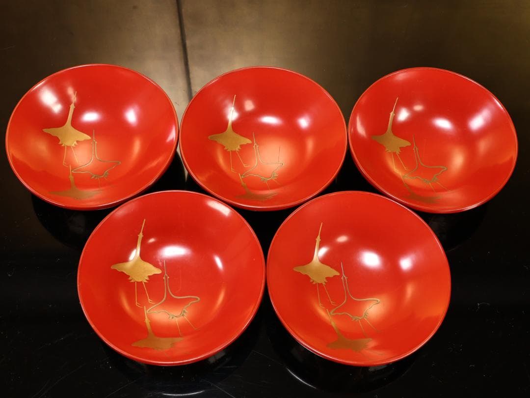 BK509　時代輪島塗　松鶴蒔絵　吸物椀　五客　木製　茶道具 懐石 菓子