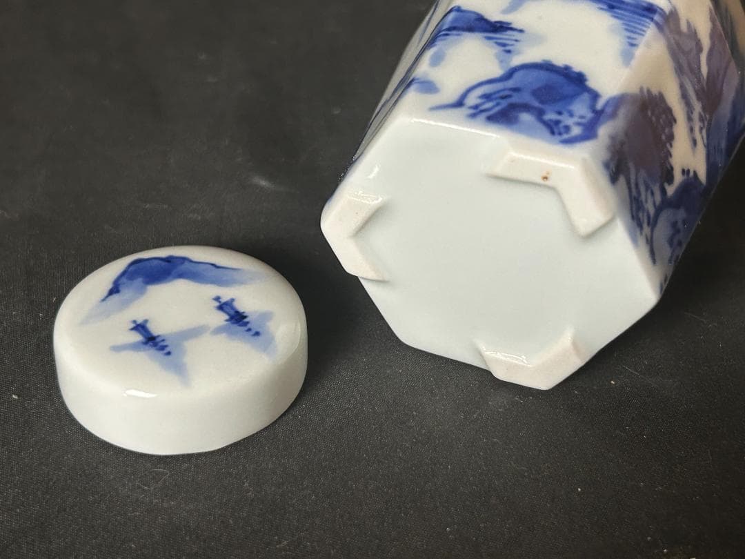 平安 龍岳造 染付 山水図 茶器揃い 7点 短冊箱-共箱 茶道具 86