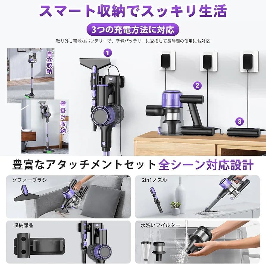 新品✨掃除機 コードレス 120Kpa超強吸引 LEDライト 自立式 サイクロン