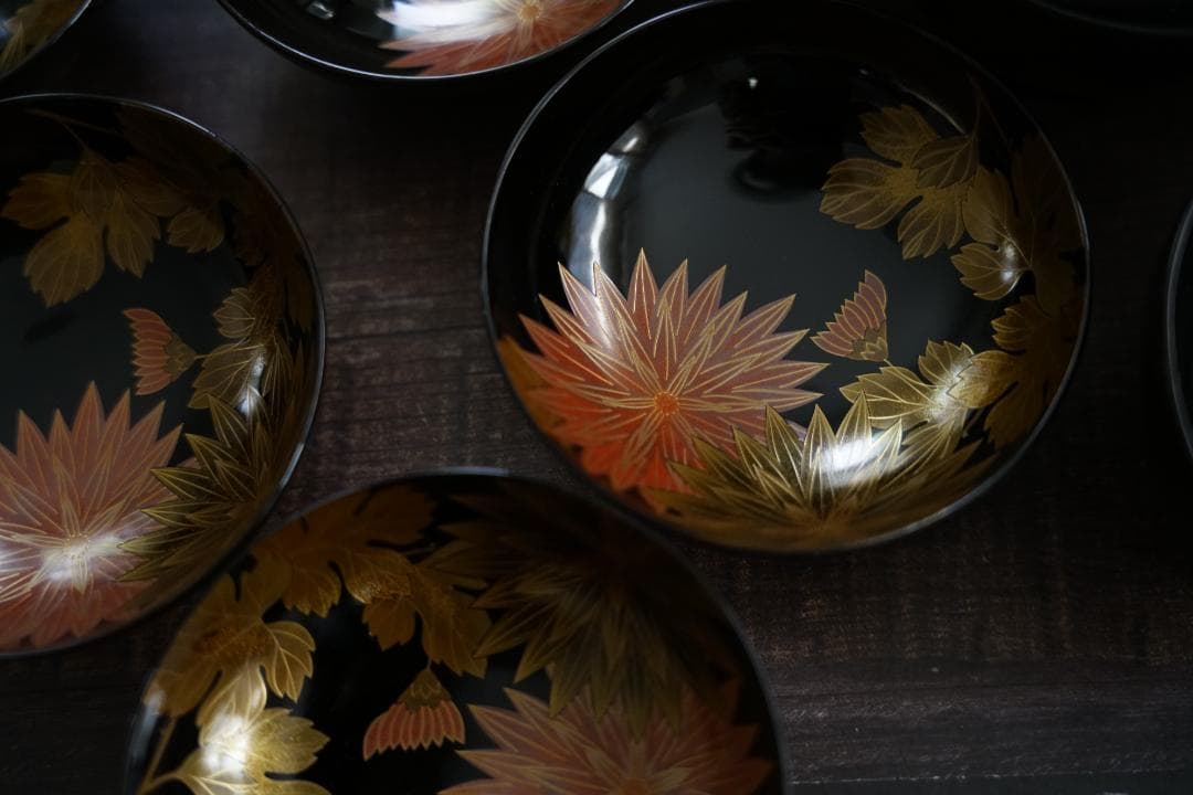 輪島塗　菊水蒔絵　　雑煮椀　煮物椀　５客