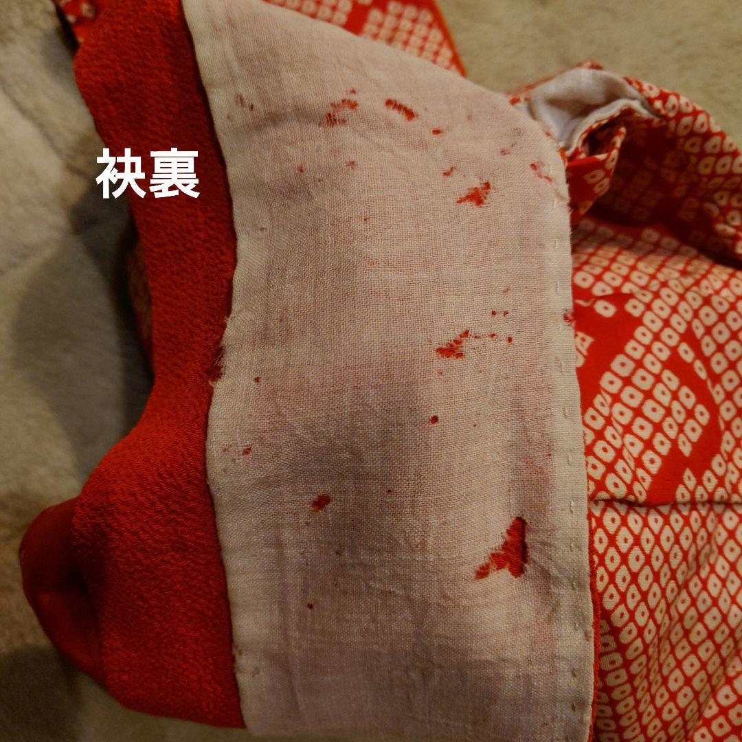 市松人形さんの着物　大正期　アンティーク　錦紗に赤縮緬　はぎれ付　12号42cm