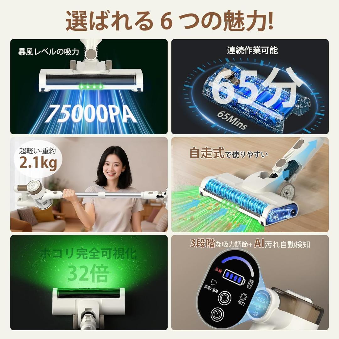【新品 未使用品】コードレス掃除機自立式 75KPa超強力吸引 完全自立