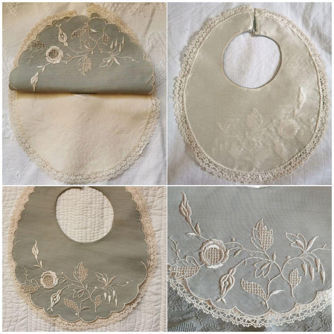 アンティーク ボビンレース付べべ＆お子様用付け襟 グレー＆アイボリー 薔薇刺繍