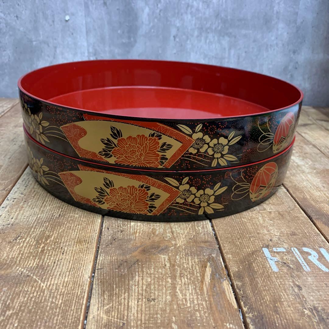 D-4 【華やか】金彩 手まり 牡丹 菓子器 二段セット 小皿5枚付 漆器