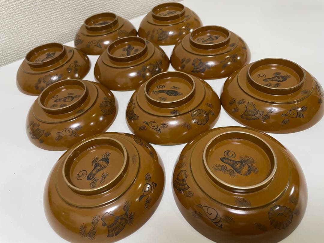漆器 時代 黄漆 内朱塗 漆器 吸物 懐石椀 煮物椀 10 客 松 貝柄