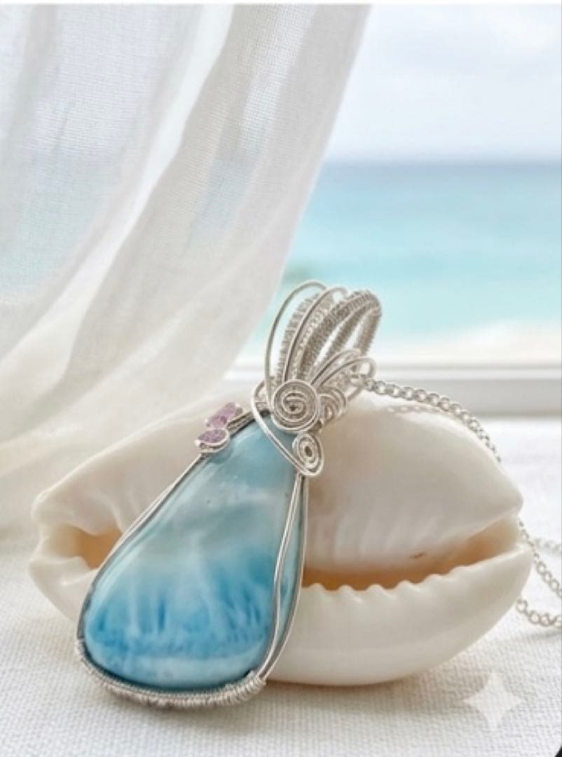 【極美品】天然石ラリマー＊ワイヤーアートペンダントトップ　海模様　ハンドメイド