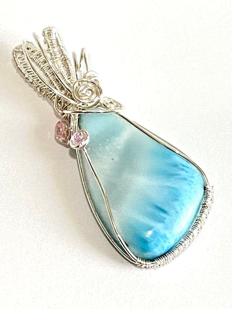 【極美品】天然石ラリマー＊ワイヤーアートペンダントトップ　海模様　ハンドメイド