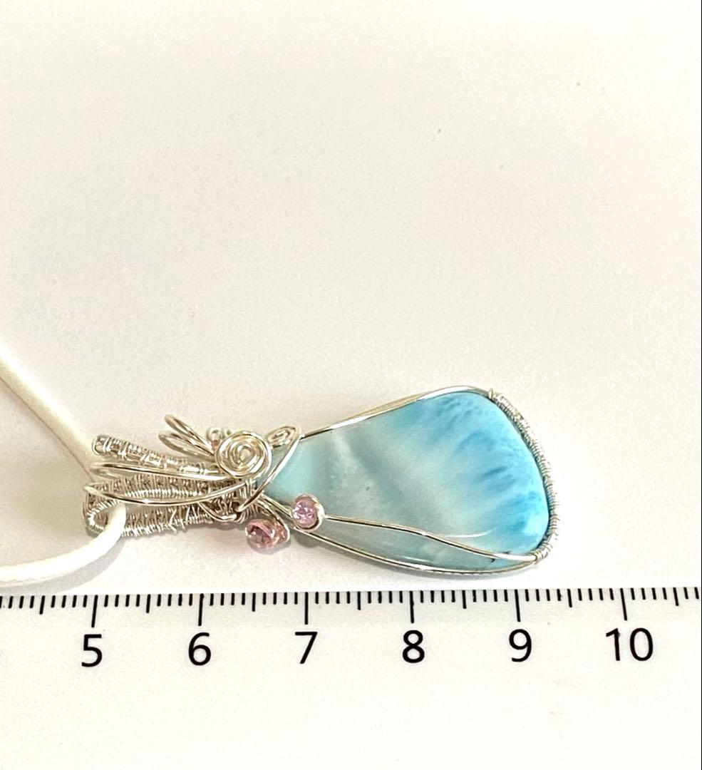 【極美品】天然石ラリマー＊ワイヤーアートペンダントトップ　海模様　ハンドメイド