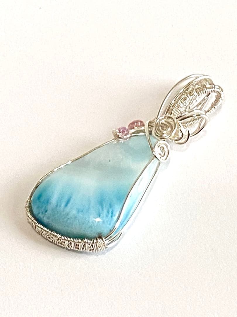 【極美品】天然石ラリマー＊ワイヤーアートペンダントトップ　海模様　ハンドメイド