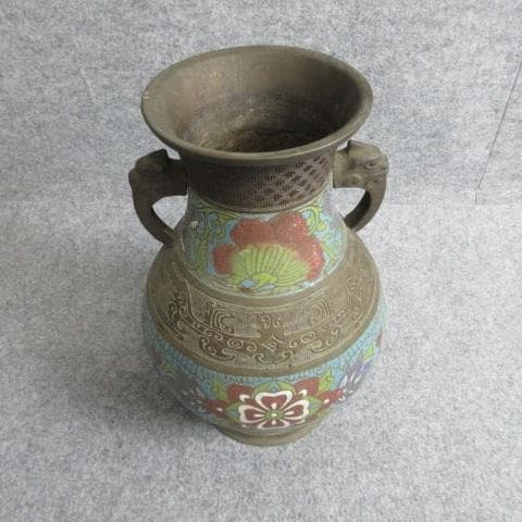 古七宝琺瑯彩花文双獣耳花瓶 [B28687]