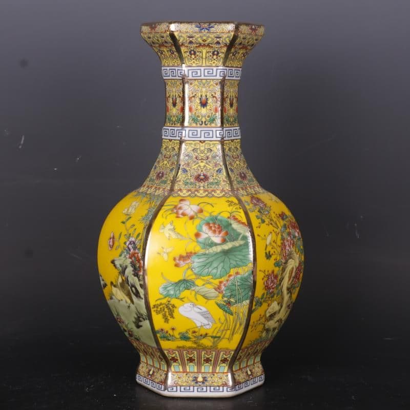 清乾隆蒔金琺瑯彩花鳥六方瓶 景徳鎮 陶磁器 装飾品 現代工芸品美術品 置物