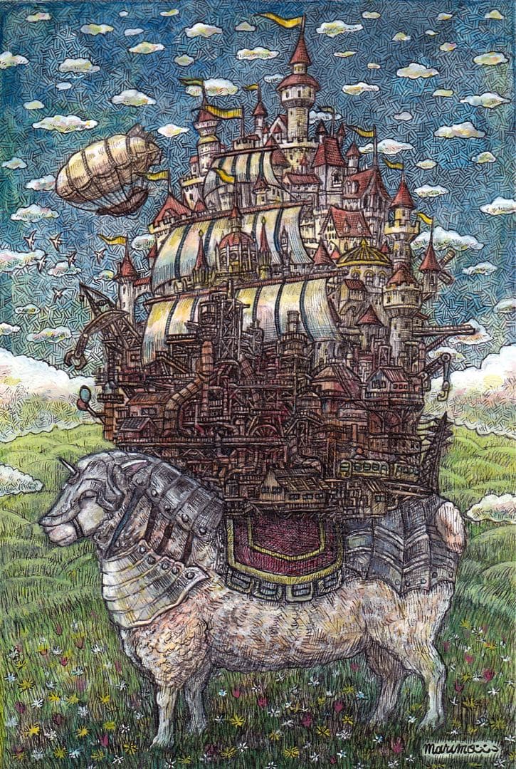 【原画】「草上の城」 額付き ペン 水彩画