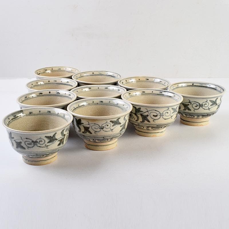 茶道具　楽山焼　楽山窯造　安南染付　花唐草文　数茶碗　十客　共箱　MR9239B