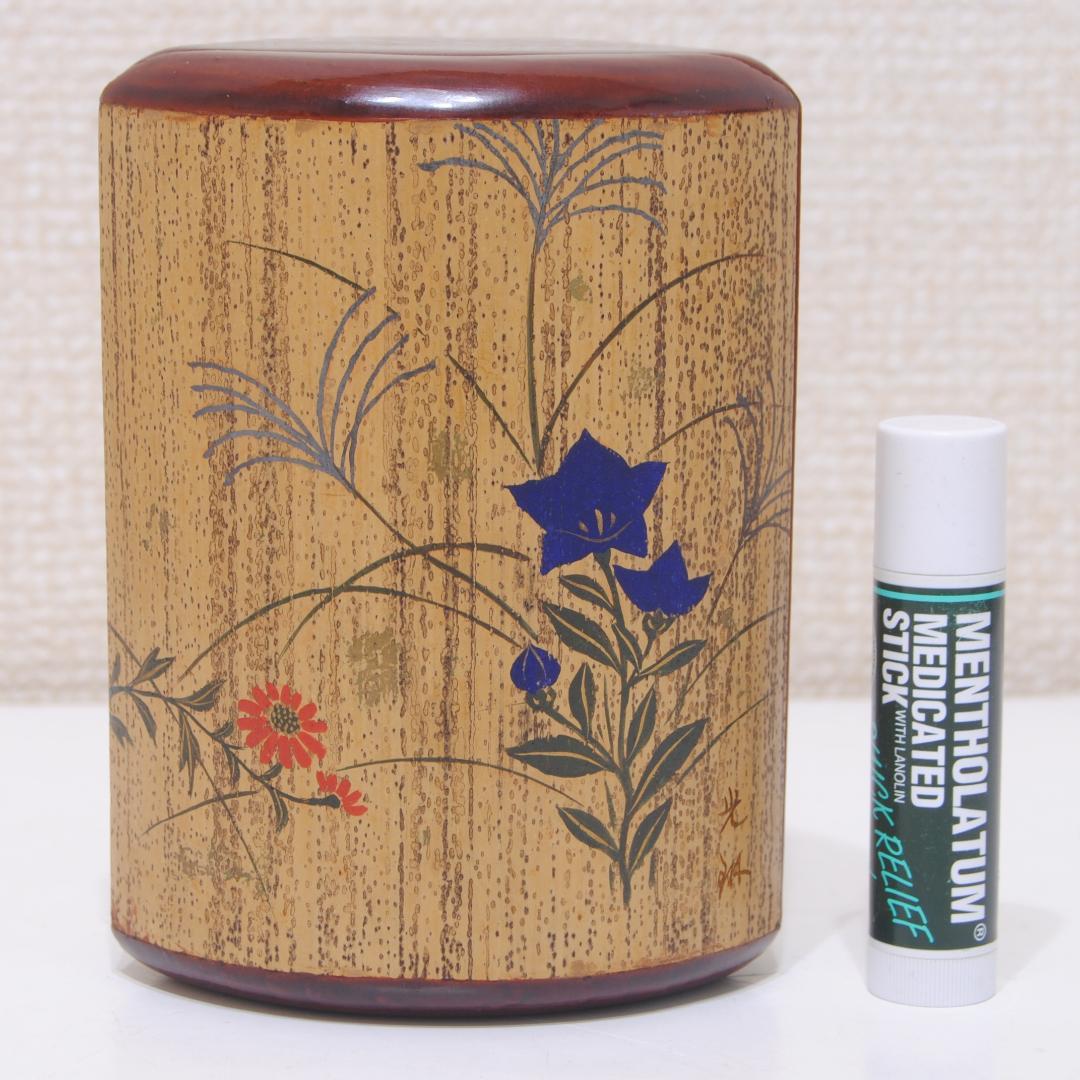 竹巻葉筥 光琳写し 草花文 漆絵 漆器 小箱 蓋物 茶道具 胡麻竹