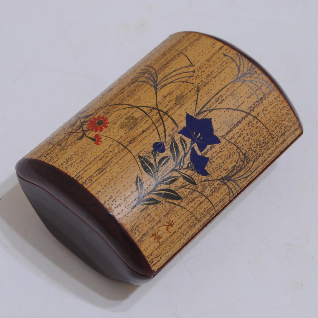 竹巻葉筥 光琳写し 草花文 漆絵 漆器 小箱 蓋物 茶道具 胡麻竹
