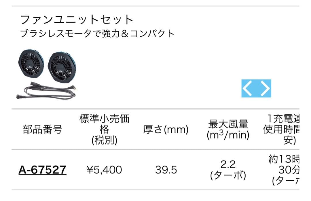 マキタ 空調服のバッテリー、充電器、ファン、ケーブル セット