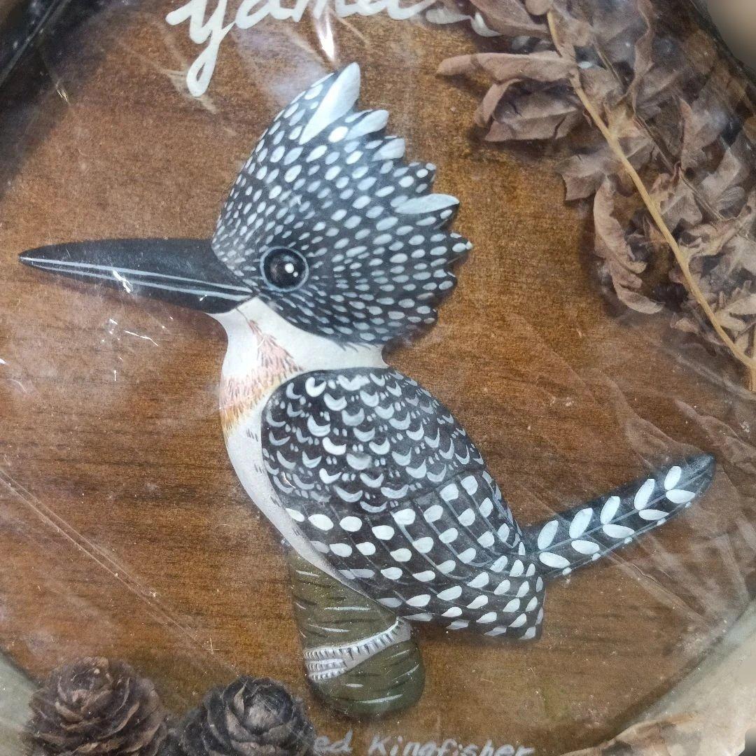 185.壁かけよう、手描き、手彫り、ヤマセミ野鳥、極小品