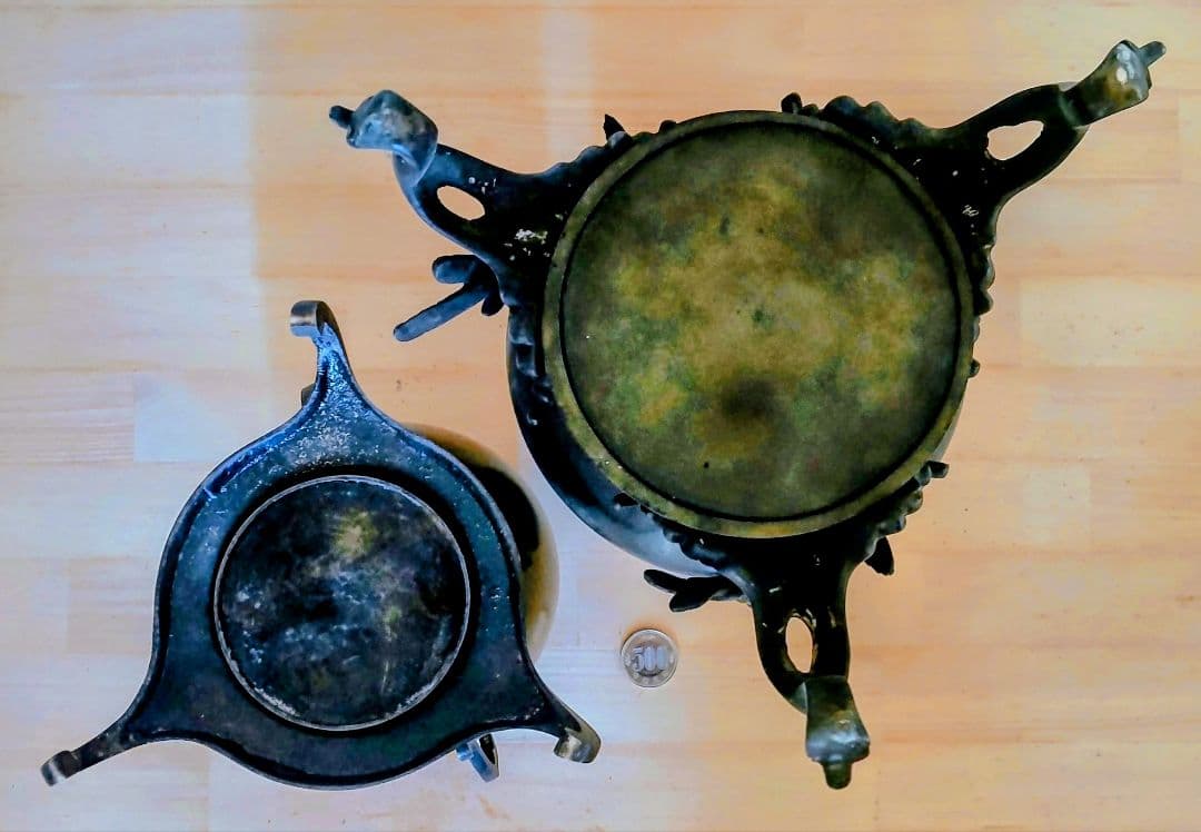 古銅 鳳凰三足香炉 花入セット 銅合金 仏具 茶道具古美術『大事に保管してます』