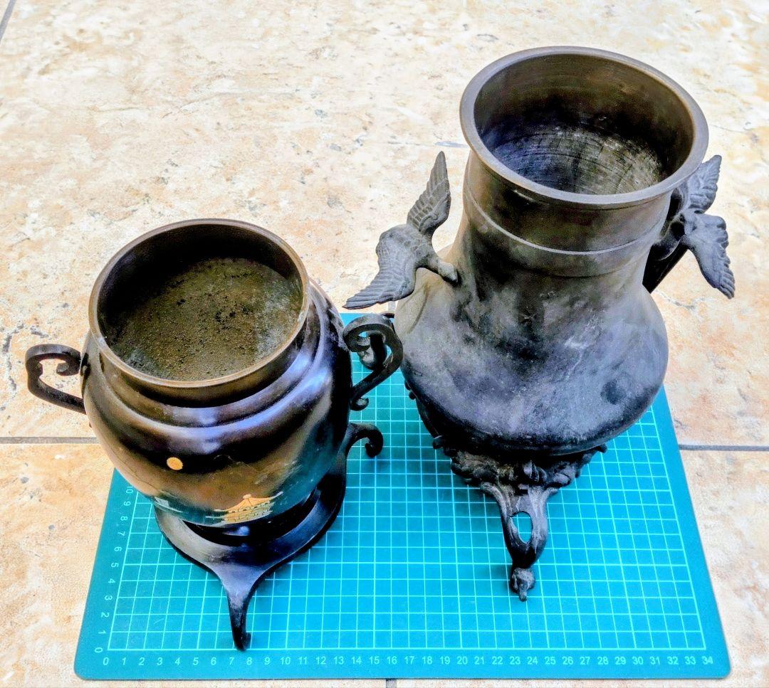古銅 鳳凰三足香炉 花入セット 銅合金 仏具 茶道具古美術『大事に保管してます』