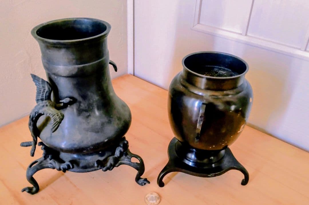 古銅 鳳凰三足香炉 花入セット 銅合金 仏具 茶道具古美術『大事に保管してます』